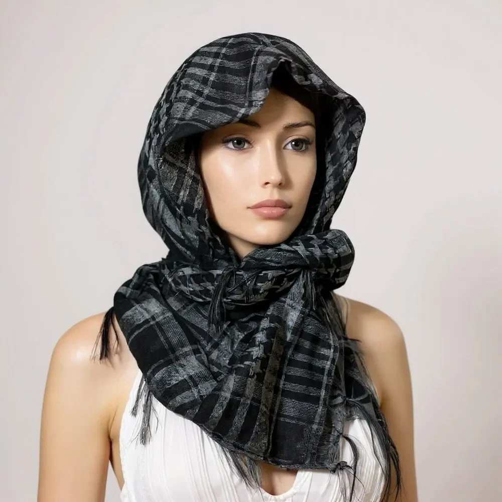 Black Gray Plaid Fringe Scarf Neck Wrap Headscarf Headband NEW
